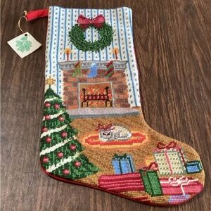 Cozy Holiday Stocking with Fireplace and Tree Design